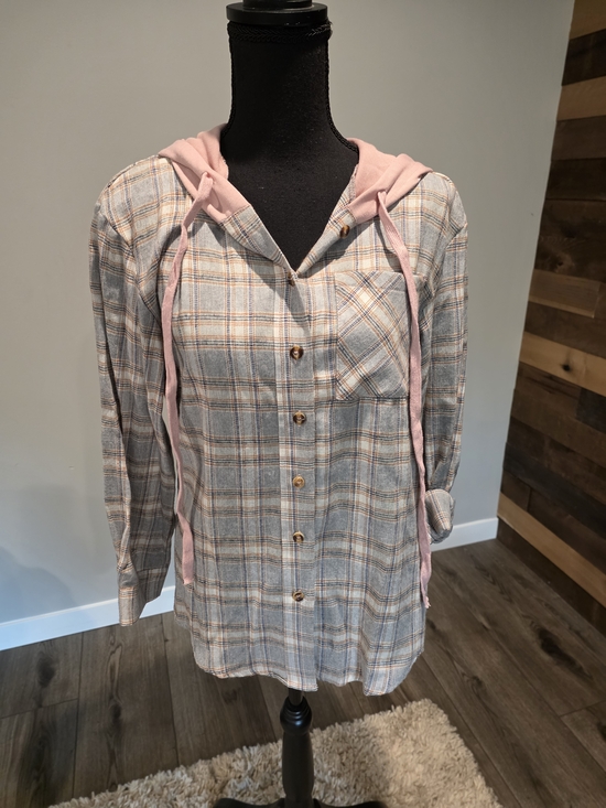 Tops - Plaid Button-Front Hoodie Shirt with Pink Hood